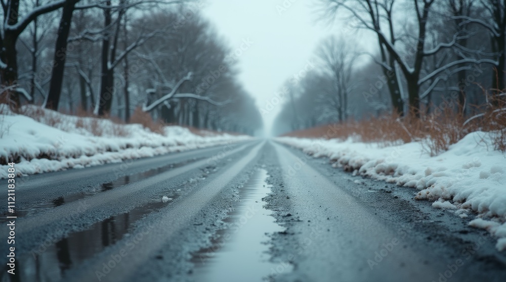 Slushy road with patches of dirty snow and water, tire tracks visible, creating a gritty and realistic urban scene after the snow has started to melt Slushy road with patches of dirty snow and water, tire tracks visible, creating a gritty and realistic urban scene after the snow has started to melt