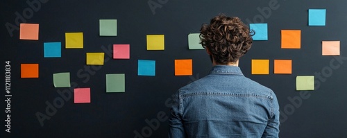 Business goal setting and strategic planning. A person stands in front of a wall covered with colorful sticky notes, reflecting on ideas or tasks. photo