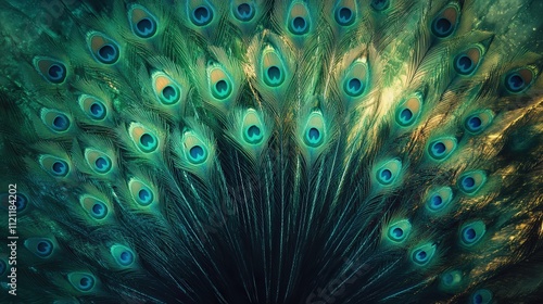 peacock feathers arranged in an elegant fanned shape. The vibrant colors of blue, green, and gold reflect light,