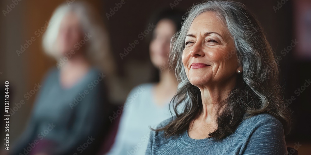 Fototapeta premium A group of seniors practicing chair yoga in a studio with an instructor guiding them.