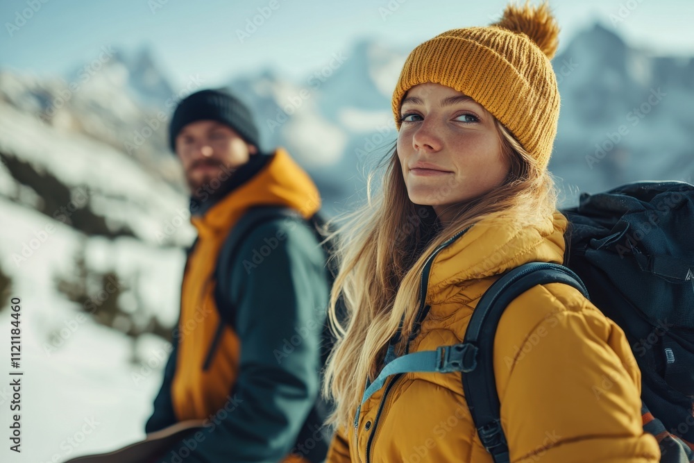 Young hikers enjoying a winter adventure in the mountains under clear skies Young hikers enjoying a winter adventure in the mountains under clear skies