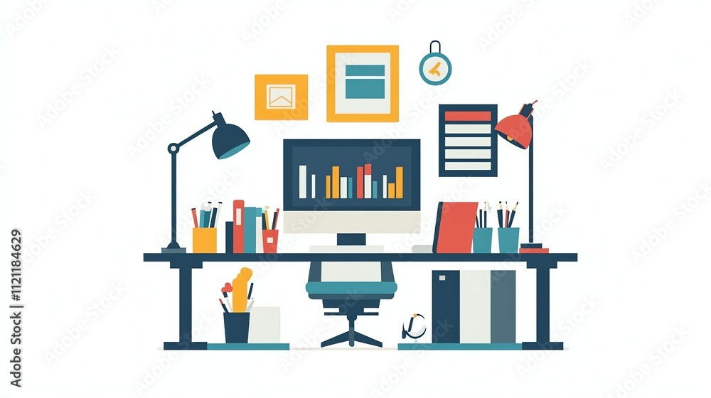 A simple illustration of a desk with a computer, chair and office supplies. A simple illustration of a desk with a computer, chair and office supplies.