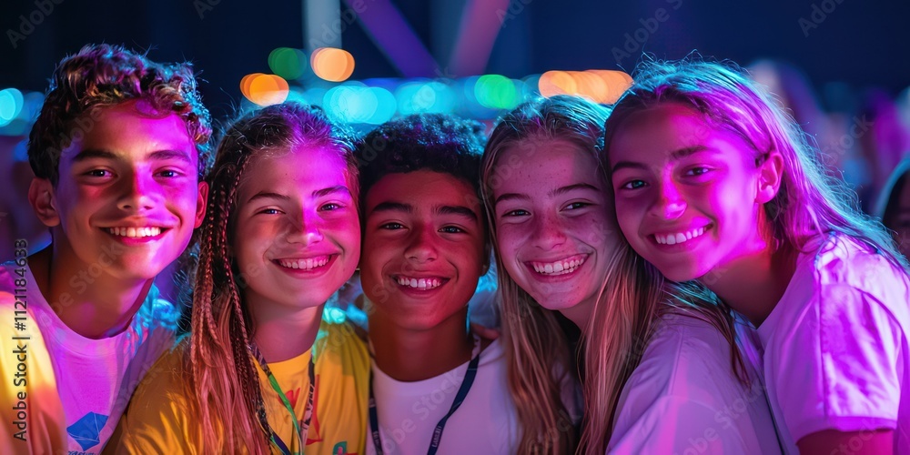 A group of teenagers smiling and posing for a photo at a concert, with colorful lights in the background. A group of teenagers smiling and posing for a photo at a concert, with colorful lights in the background.