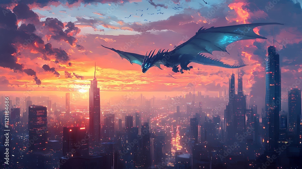 A holographic dragon flying through a futuristic city at sunset A holographic dragon flying through a futuristic city at sunset