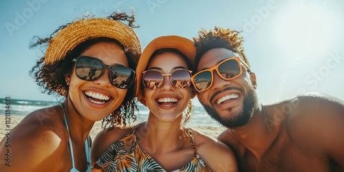 A group of three friends having a fun day at the beach, all smiling and enjoying the sun while playing beach volleyball.