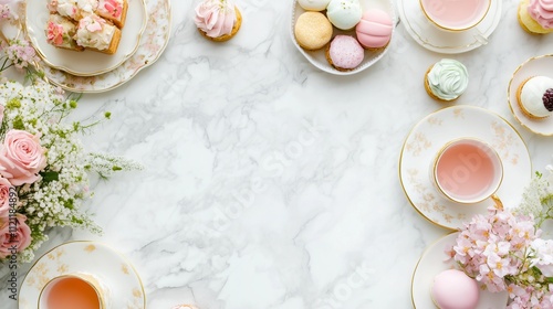 A beautifully arranged table featuring pastel cupcakes, floral decorations, and delicate tea cups, perfect for a tea party or celebration.
