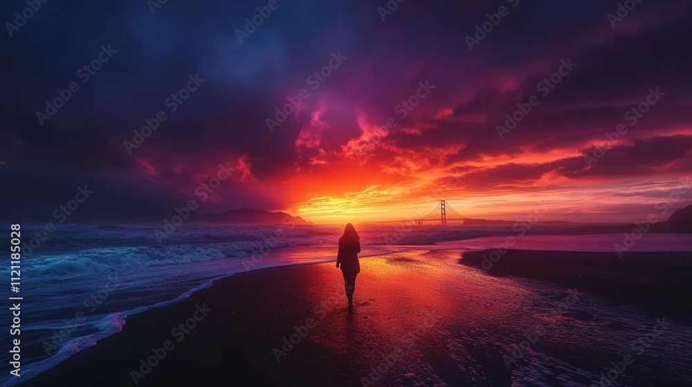 the Golden Gate Bridge extending into a glowing sunset, with the dramatic colors of the sky setting a captivating mood the Golden Gate Bridge extending into a glowing sunset, with the dramatic colors of the sky setting a captivating mood
