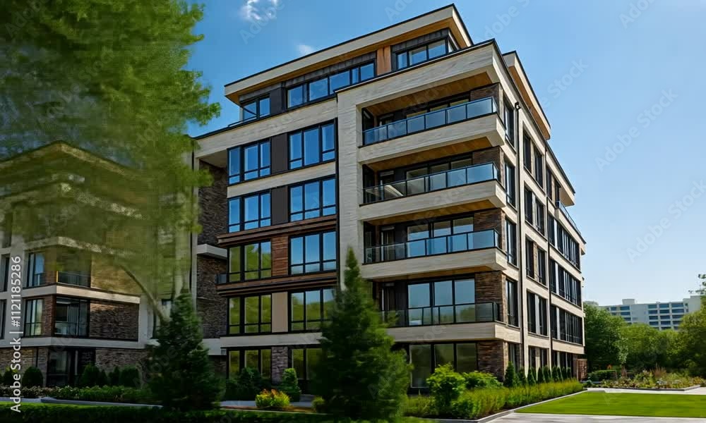 Modern residential building with large windows and greenery. Modern residential building with large windows and greenery.