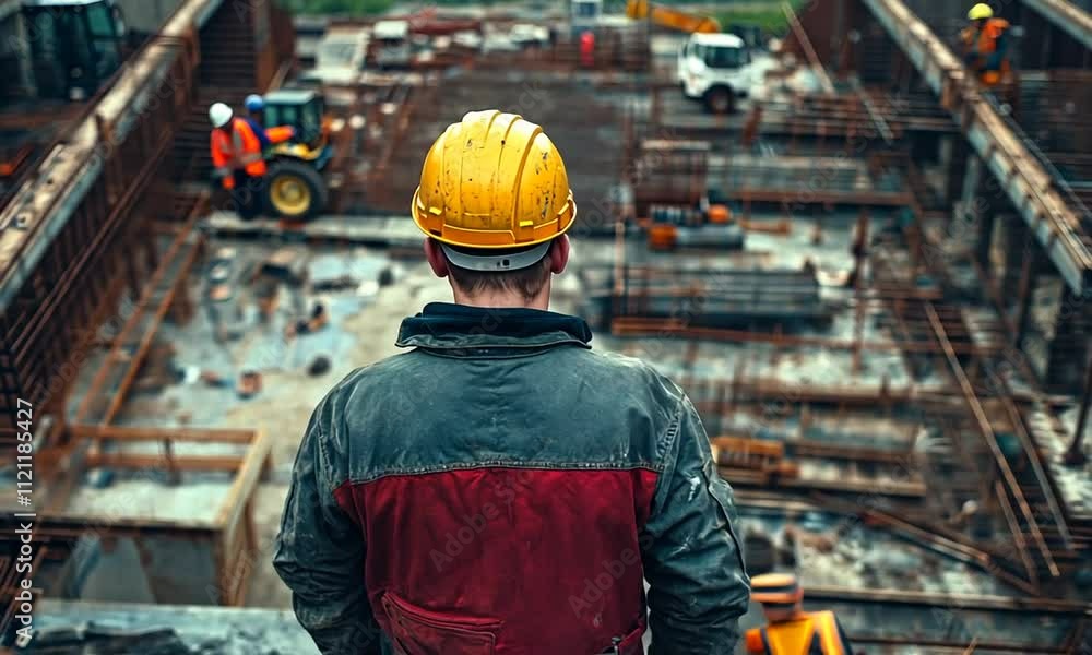 Worker observing construction site from a height. Worker observing construction site from a height.