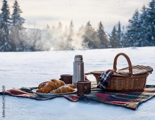 Steaming thermos and croissants during winter picnic in snowy landscape photo