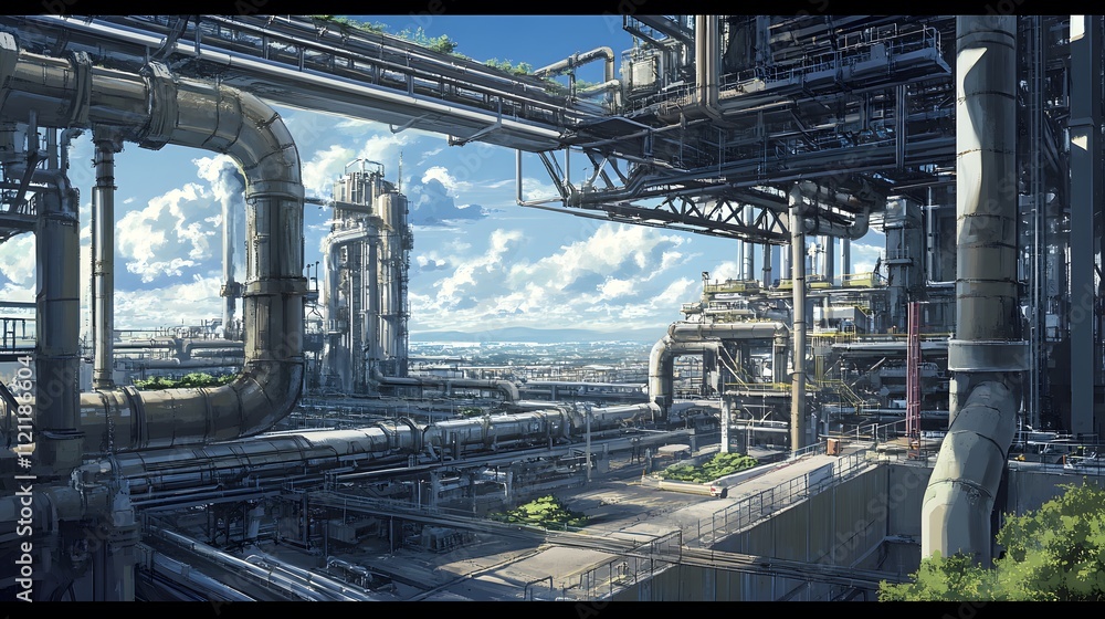 A large industrial plant with many pipes and valves. Scene is industrial and mechanical A large industrial plant with many pipes and valves. Scene is industrial and mechanical