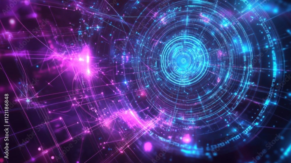 Obraz premium Abstract digital art with glowing pink and blue circles and lines.