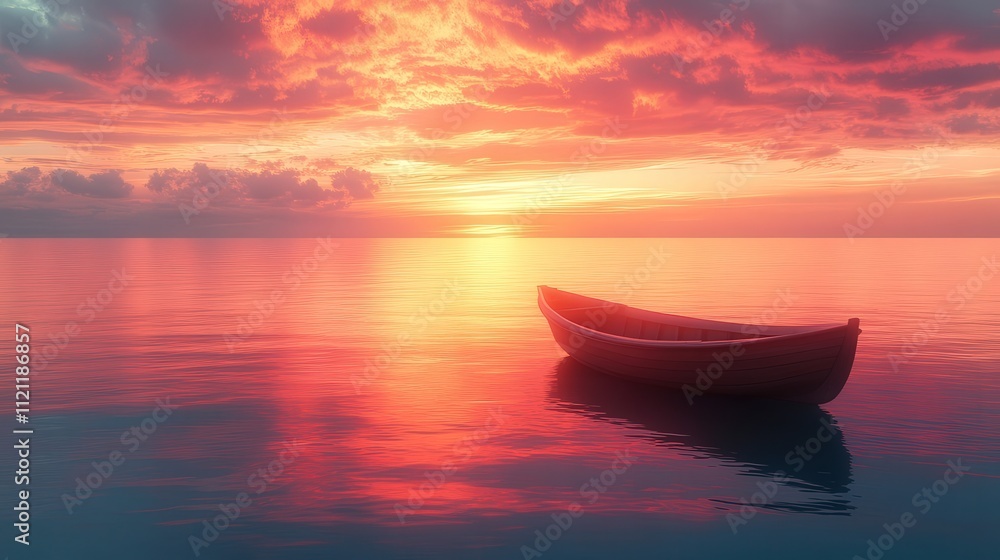 boat floating under a vivid sunset, with the warm light softly touching the water and illuminating the sky boat floating under a vivid sunset, with the warm light softly touching the water and illuminating the sky