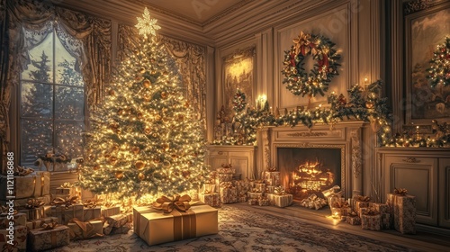 Wallpaper Mural A festive Christmas gift box, wrapped in gold paper with a matching ribbon, placed under a fully decorated Christmas tree. Torontodigital.ca