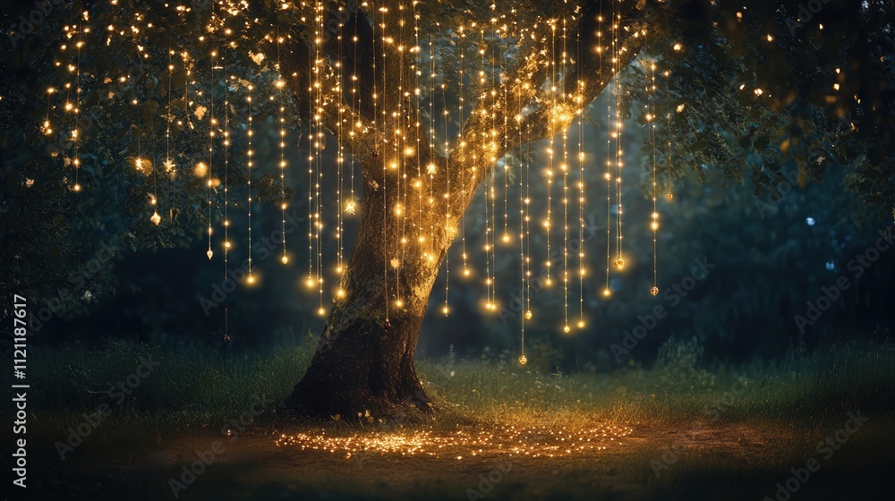 tree with sparkling lights hanging beneath, casting a magical glow on the surrounding ground, tree with sparkling lights hanging beneath, casting a magical glow on the surrounding ground,