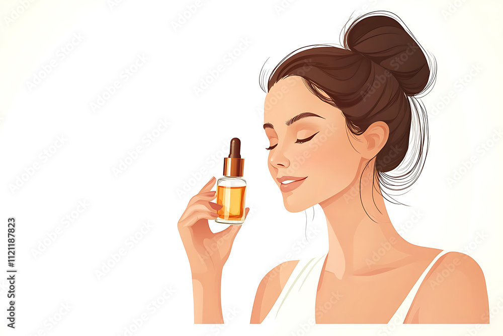 Woman holding bottle of facial serum skincare, illustration design. Woman holding bottle of facial serum skincare, illustration design.