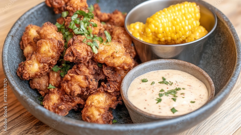 Crispy Fried Food with Corn and Dipping Sauce in Rustic Bowl Crispy Fried Food with Corn and Dipping Sauce in Rustic Bowl