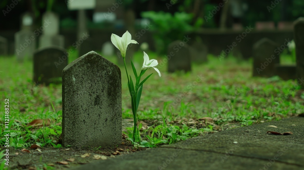 White Lily Flower Growing Beside Weathered Grave Marker in Cemetery White Lily Flower Growing Beside Weathered Grave Marker in Cemetery