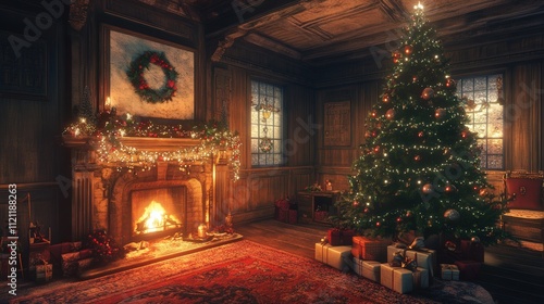 Wallpaper Mural A festive room with a Christmas tree next to a fireplace, decorated with holiday lights and ornaments. Torontodigital.ca