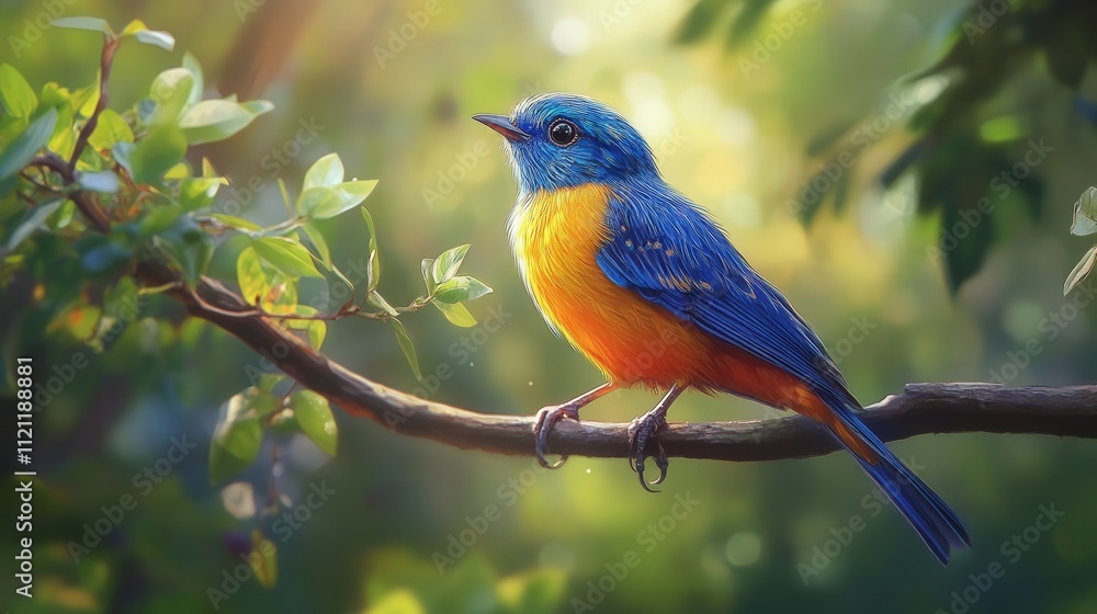 A brilliant bird with vivid feathers of blue, yellow, and orange perches on a high branch in the forest. A brilliant bird with vivid feathers of blue, yellow, and orange perches on a high branch in the forest.