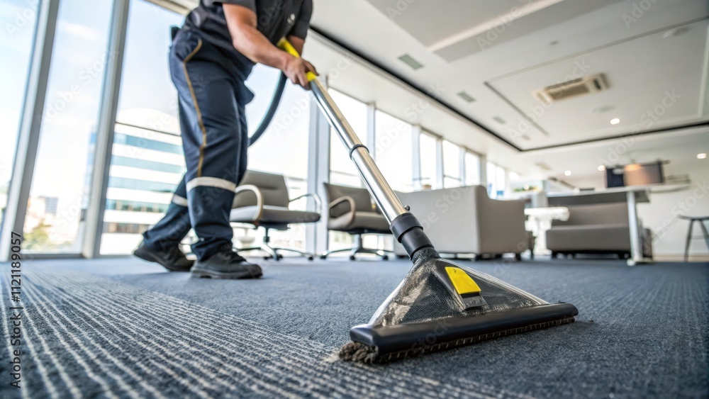 A person vacuuming carpet in a modern office space. A person vacuuming carpet in a modern office space.