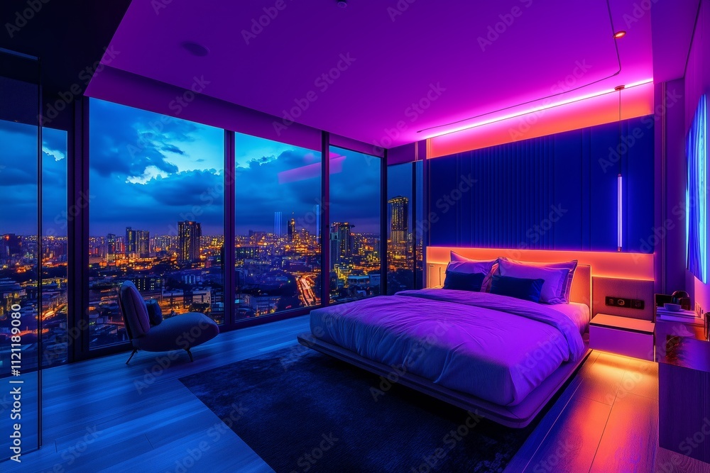 Cityscape view from a penthouse bedroom at night, moody and atmospheric ambiance Cityscape view from a penthouse bedroom at night, moody and atmospheric ambiance