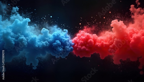 Abstract illustration with blue, red smoke. Powerful clash of colors. Dark background. Dynamic cloud patterns. Neon effect. Versus concept. Could represent battle of sports opposing forces. Vivid