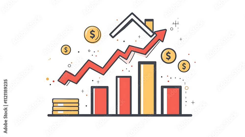 Upward trending bar graph showing financial growth with rising arrow and coins. Upward trending bar graph showing financial growth with rising arrow and coins.