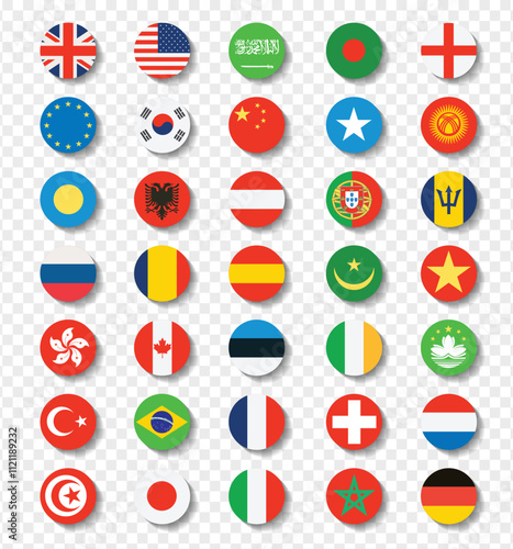 Countries flag set. National flags in circle shape.