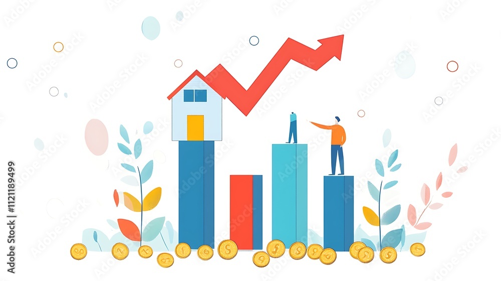 Upward trending graph showing house value increase with people on top of bars and coins at the bottom. Upward trending graph showing house value increase with people on top of bars and coins at the bottom.