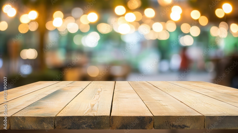 Wooden Table Surface with Blurred Bokeh Lights Background Wooden Table Surface with Blurred Bokeh Lights Background