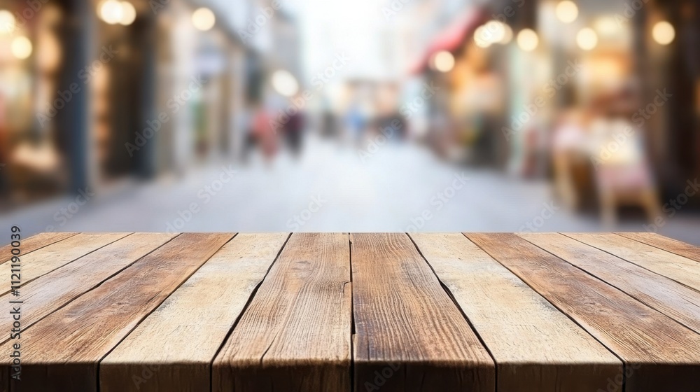 Wooden Table Top With Blurred Outdoor Shopping Area Background Wooden Table Top With Blurred Outdoor Shopping Area Background