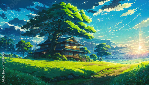 A beautiful and peaceful treehouse Anime Illustration Wallpaper in a Painting Style - Beautiful Landscape