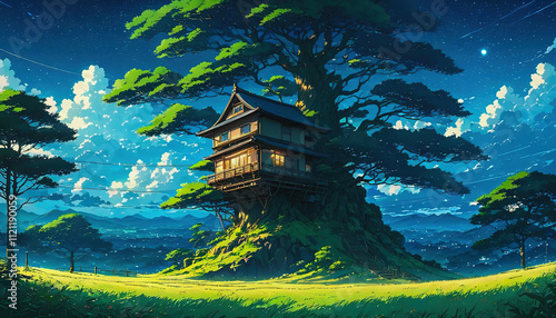 A beautiful and peaceful treehouse Anime Illustration Wallpaper in a Painting Style - Beautiful Landscape
