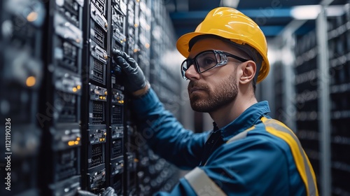 battery replacement maintenance. A technician in a hard hat works on a server rack in a data center.