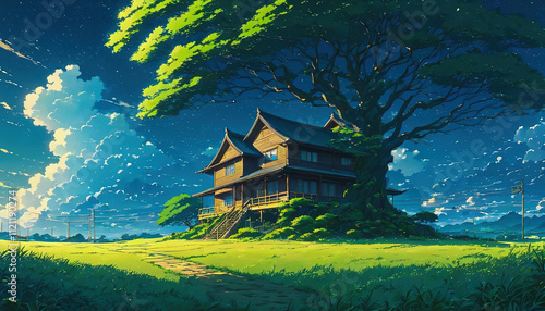 Peaceful treehouse Anime Illustration Wallpaper background