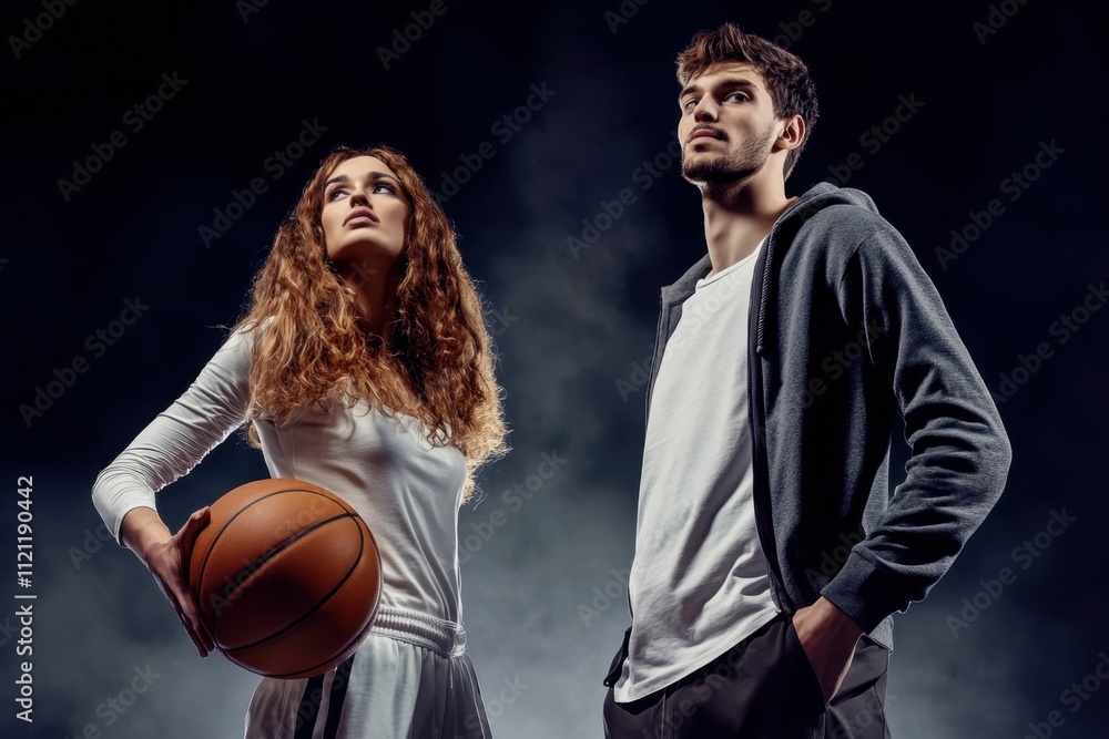 Young athletes preparing for a basketball game with focused expressions in a dark setting Young athletes preparing for a basketball game with focused expressions in a dark setting