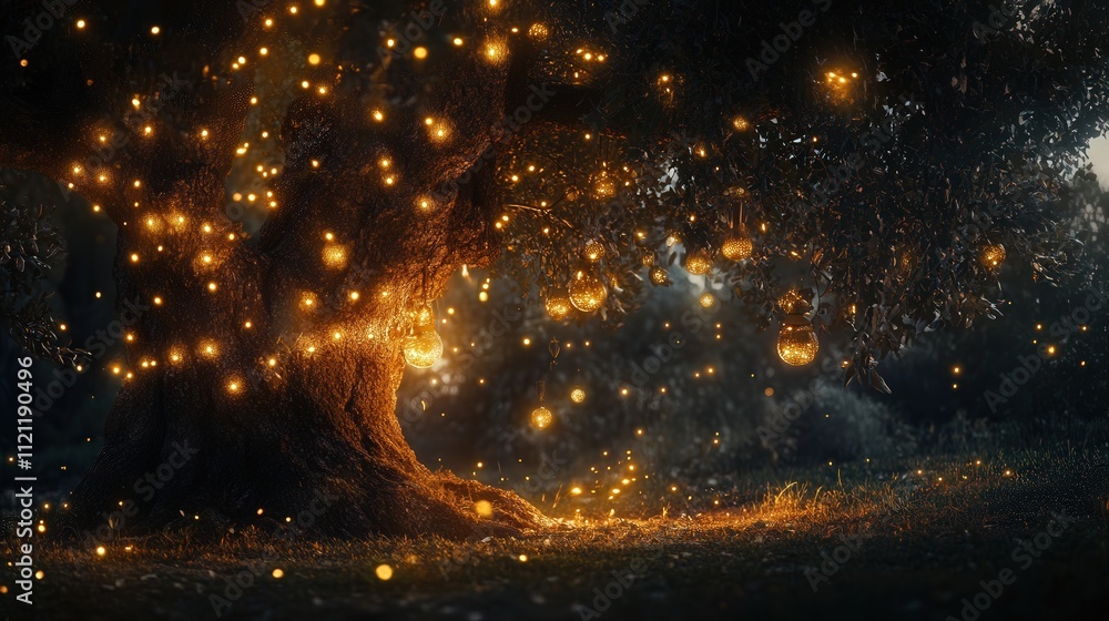 Naklejka premium decorative lights sparkling under a tree, their warm light illuminating the surroundings with a festive, cozy glow that feels inviting and magical