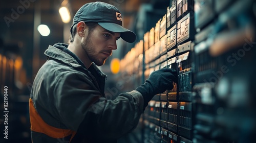 battery replacement maintenance. A worker organizing equipment in a dimly lit industrial setting.