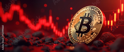 Bitcoin Cryptocurrency Gold Coin with Red Chart Background