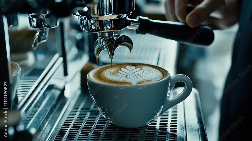 A close-up shot of a barista pouring a perfect latte with intricate foam art in a modern A close-up shot of a barista pouring a perfect latte with intricate foam art in a modern