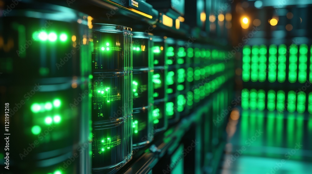 A close-up view of illuminated data storage units in a server room, highlighting technology. A close-up view of illuminated data storage units in a server room, highlighting technology.