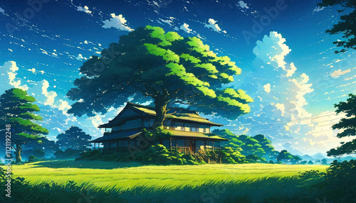 Beautiful and peaceful treehouse. Anime Illustration Wallpaper in a Painting Style Beautiful Landscape
