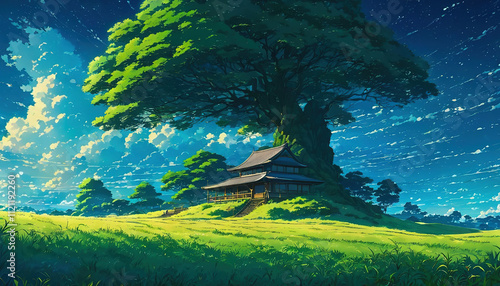 A beautiful and peaceful treehouse. Anime Illustration Wallpaper in a Painting Style - Beautiful Landscape