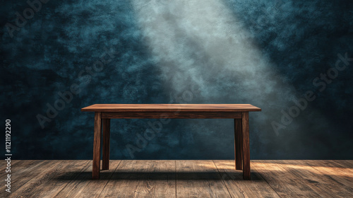 Wooden Table Under Dramatic Light Against Dark Blue Background
