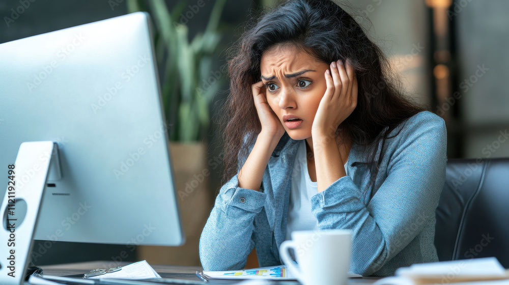 Woman Expressing Anxiety While Looking at Computer Screen in Office Woman Expressing Anxiety While Looking at Computer Screen in Office