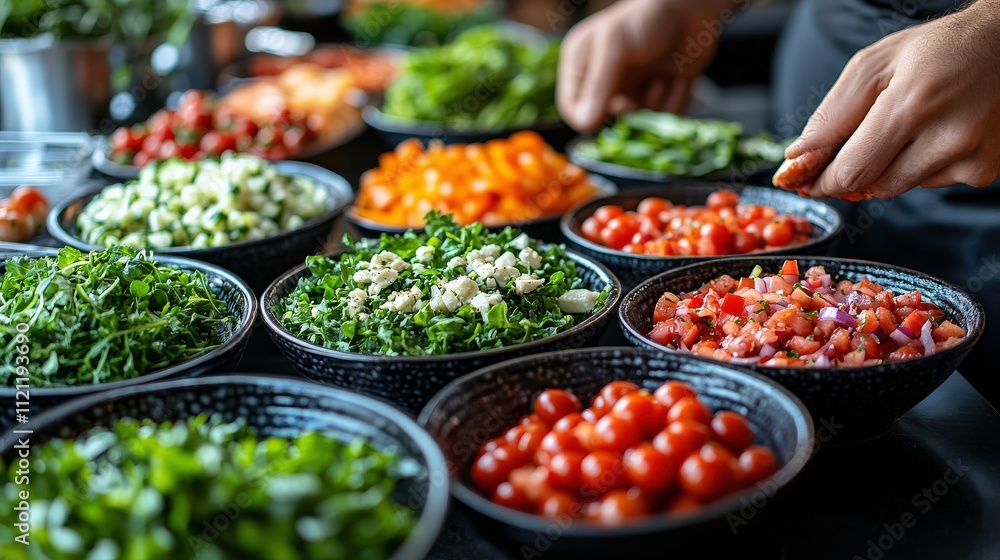 Vibrant Display of Fresh Vegetables and Herbs in Assorted Bowls for Cooking and Meal Preparation in a Modern Kitchen Environment Vibrant Display of Fresh Vegetables and Herbs in Assorted Bowls for Cooking and Meal Preparation in a Modern Kitchen Environment