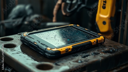 A rugged tablet resting on a wet surface, showcasing durability in an industrial setting.