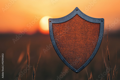 cyber security A rustic shield stands against a beautiful sunset, symbolizing protection and strength in nature. photo