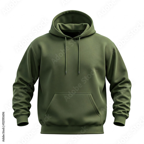 Empty white background display of a army green hoodie mockup with folds and creases accentuated photo